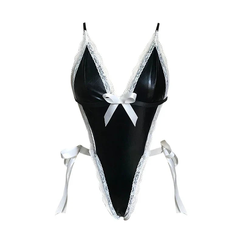 Latex Leather Deep V Teddy Bodysuit