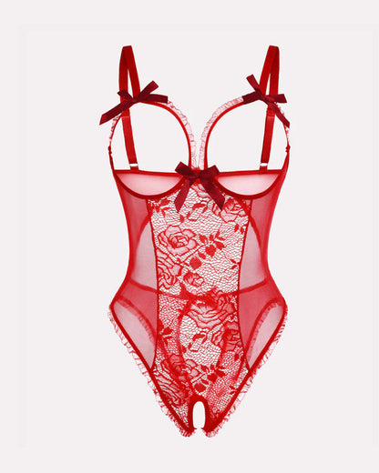 Sexy Flower Lace Mesh Open Crotch One-Piece