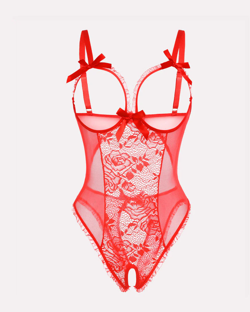 Sexy Flower Lace Mesh Open Crotch One-Piece