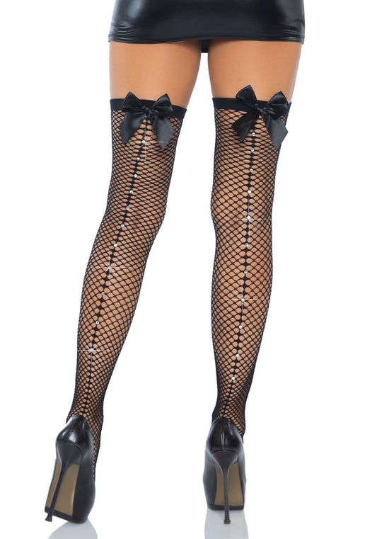 Fishnet Thigh Highs with Satin Bow Backseam