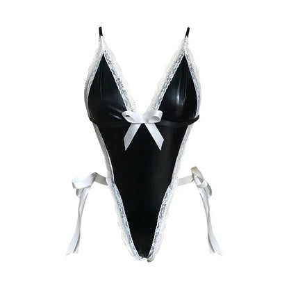 Latex Leather Deep V Teddy Bodysuit