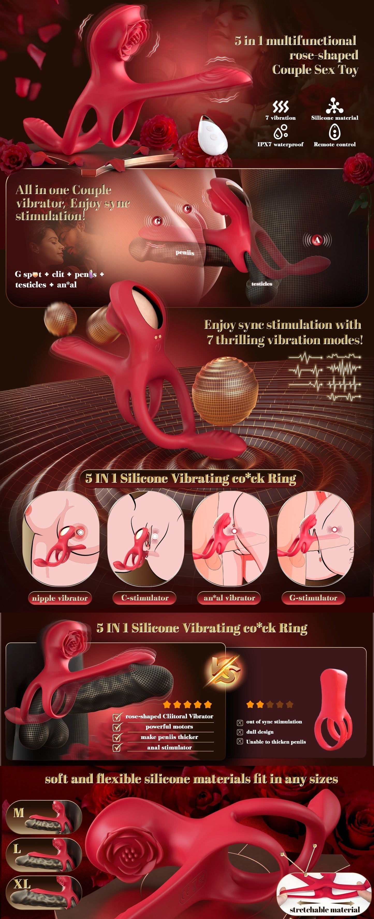 💥2025 NEW ROZY - Vibrating Cock Ring Couple Sex Toys Male Sexual Toy With 5 In 1 Stimulator Nighty