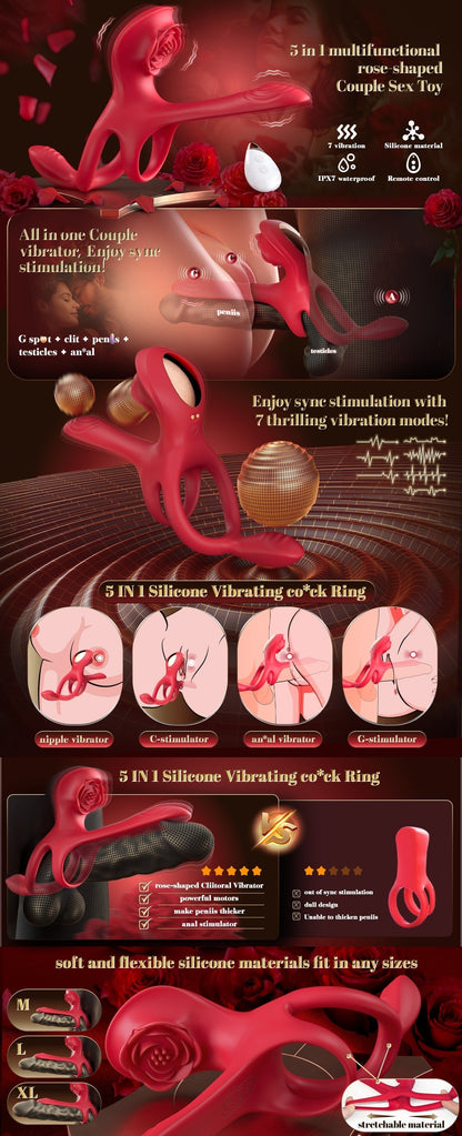 💥2025 NEW ROZY - Vibrating Cock Ring Couple Sex Toys Male Sexual Toy With 5 In 1 Stimulator Nighty